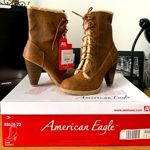 American Eagle tan faux leather Victorian lace up heeled boots
